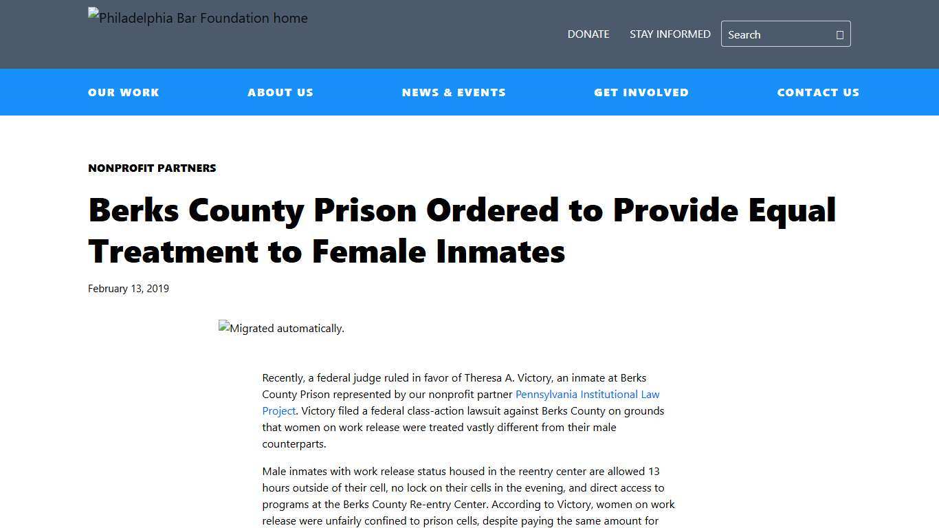 Berks County Prison Ordered to Provide Equal Treatment to Female Inmates Philadelphia Bar Foundation